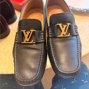 Louis Vuitton Black Leather Loafers with Gold LV Hardware